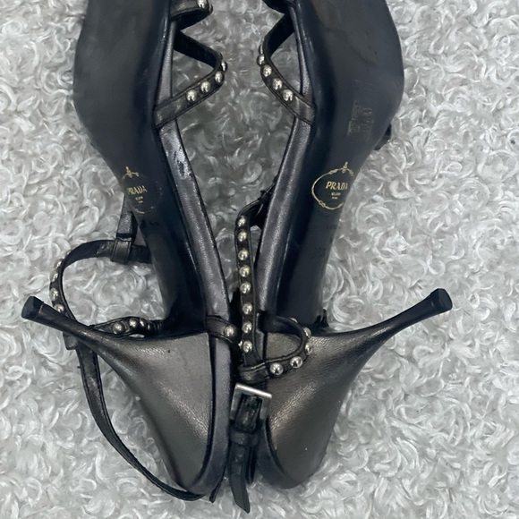 Prada Grey Metallic Studded Leather T Strap Sandals Size 39.5 - Picture 6 of 12